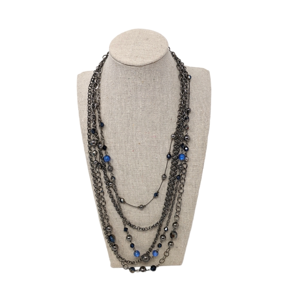 Multi-Layer Chain Necklace Beads Gunmetal Gray Blue Five Strand